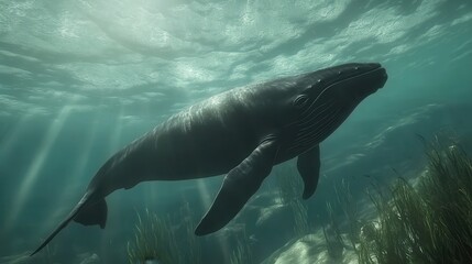 Naklejka premium A realistic 3D rendering of a whale diving beneath the ocean's surface, showcasing the majestic creature in mid-dive.