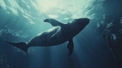 A realistic 3D rendering of a whale diving beneath the ocean's surface, showcasing the majestic creature in mid-dive.