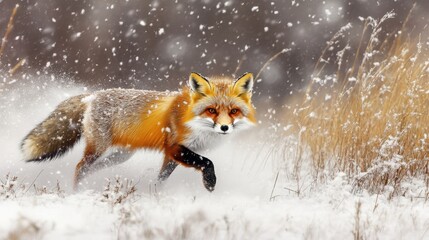 A realistic animal photograph captures a red fox in a snowfall, highlighting its vivid red fur against the soft, falling snow.