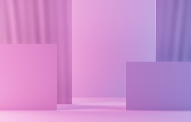 3d render. Abstract geometric shapes in purple and pink tones create a modern artistic display in a minimalist setting