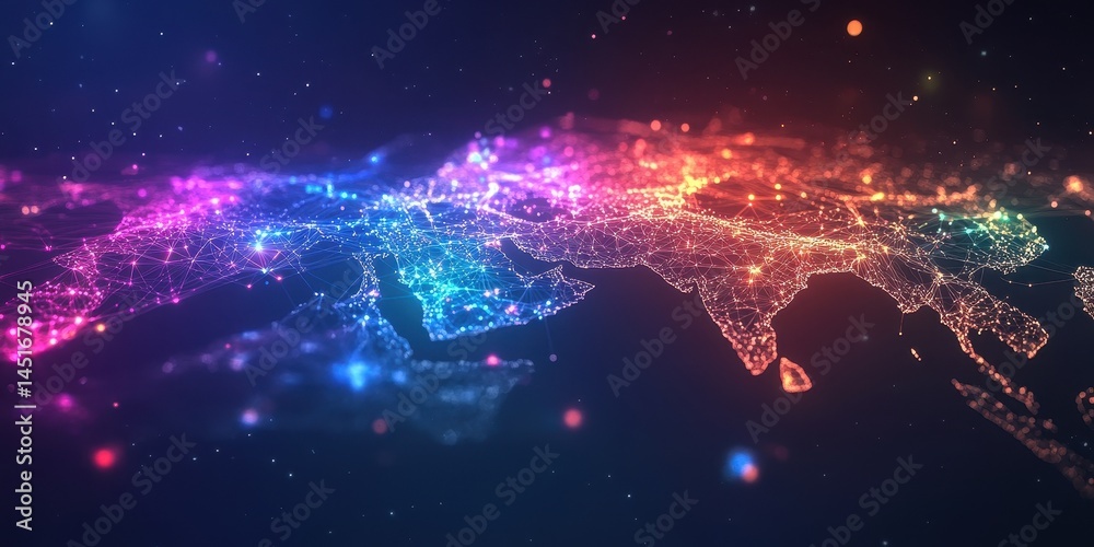 Poster abstract asian continent map glowing with neon lights illustrating connectivity and urban data netwo