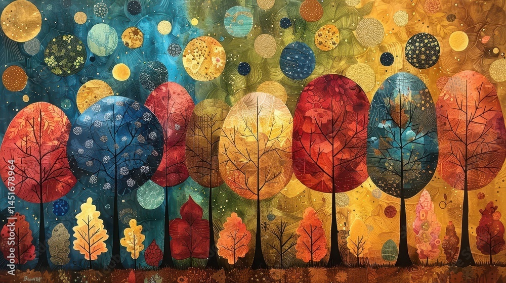 Poster abstract autumnal trees with vivid gold and multicolor foliage in forest landscape decorative artwor