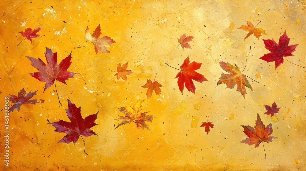 Aufkleber Abstract Autumn Leaves Falling on Gradient Yellow Background with Splatter Effect and Artistic Design