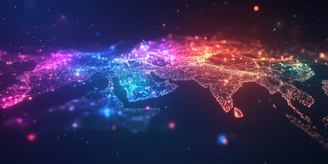 Abstract Asian Continent Map Glowing with Neon Lights Illustrating Connectivity and Urban Data Networks on a Dark Background Featuring Major Cities and Geographical Details
