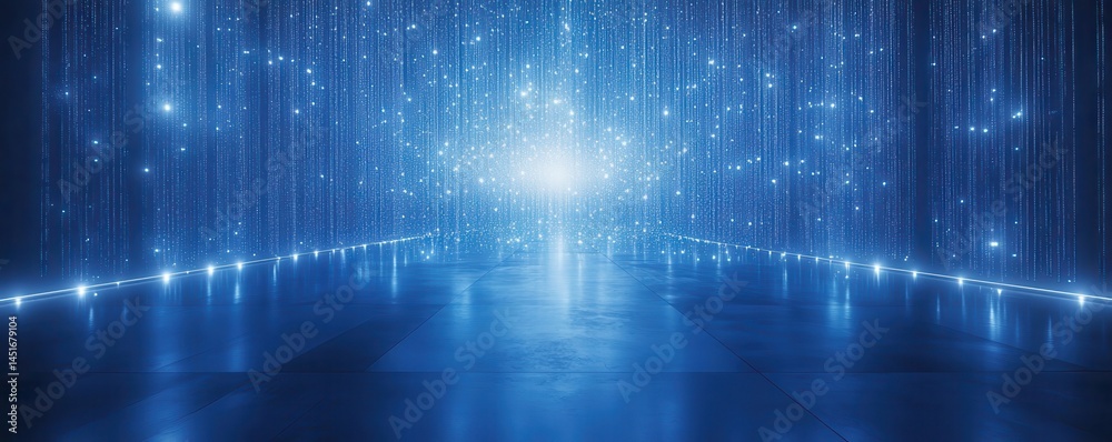 Aufkleber Abstract Blue Light Streaks on Dark Reflective Surface Creates a Futuristic Tunnel Effect Background with Shiny Particles and Dynamic Illumination For Modern and Technological Designs
