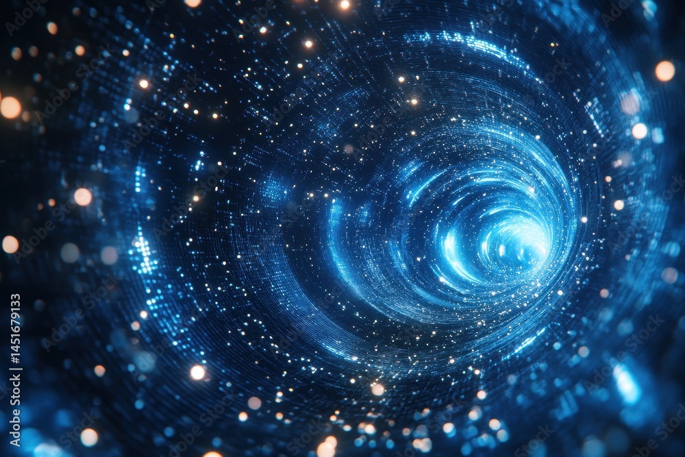 Poster Abstract Blue Light Tunnel with Sparkling Particles and Cosmic Background for Futuristic and Sci-Fi Themes