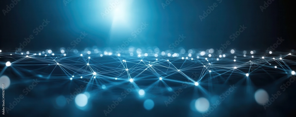 Poster Abstract Blue Network of Connected Glowing Dots and Lines on a Dark Background Representing Technology Data and Cyber Communication