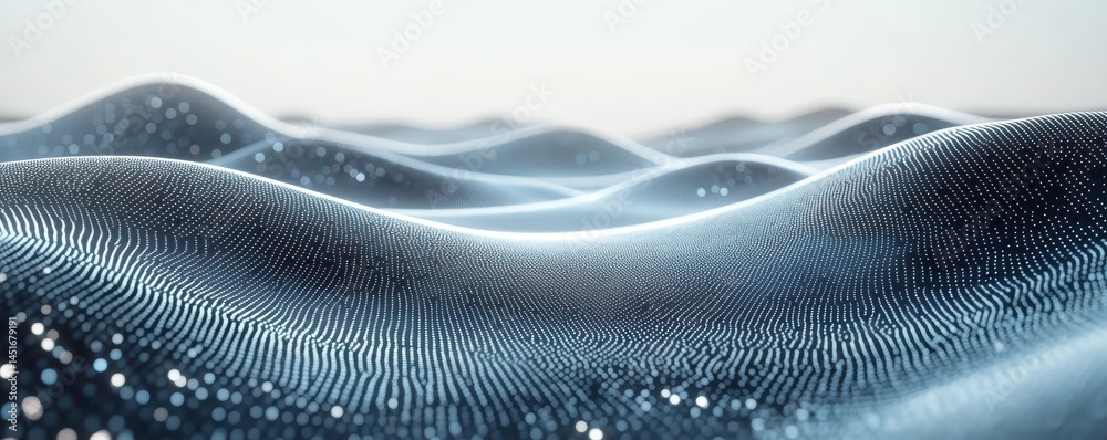 Fototapete Abstract Blue Wavy Surface with Glowing Dots Futuristic Background with Shiny Ripples Gradient Texture and Dynamic Light Lines Design Element Concept