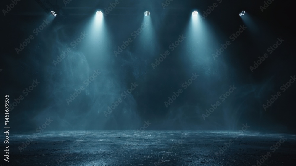 Aufkleber Abstract Dark Stage With Glowing Spotlights and Mist Effect Creating a Mysterious Atmosphere Dark Blue Tones and Reflections Enhancing the Visual Impact Perfect for Backgrounds and Presentations
