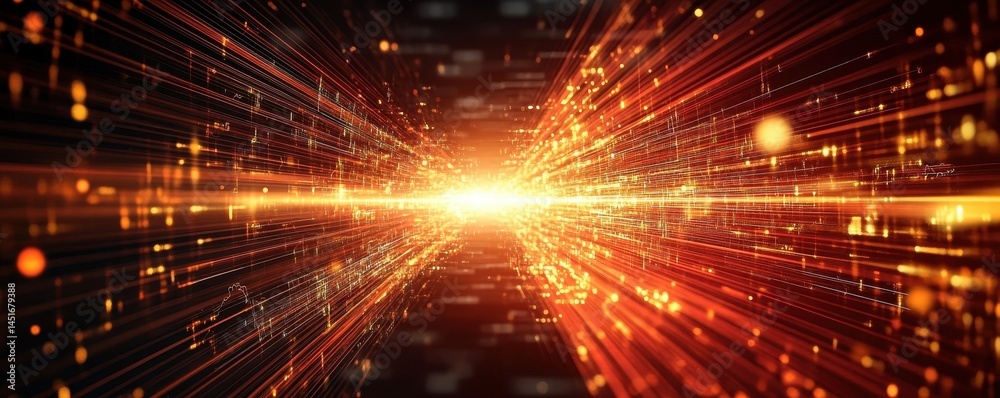 Fototapete Abstract Data Stream Background with Glowing Lines and Light Effects Represents Internet Connection Technology and Futuristic Digital Network in an Orange and Black Color Scheme