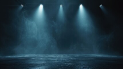 Abstract Dark Stage With Glowing Spotlights and Mist Effect Creating a Mysterious Atmosphere Dark Blue Tones and Reflections Enhancing the Visual Impact Perfect for Backgrounds and Presentations