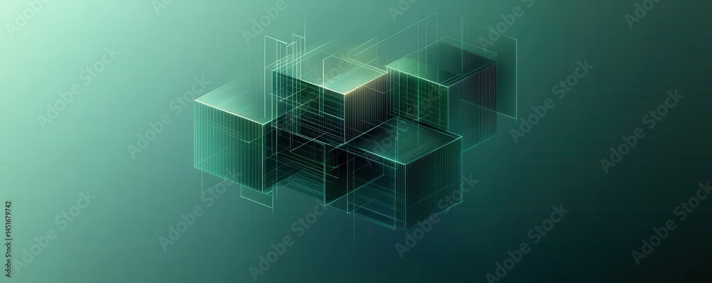 Poster abstract green cubic structure with glowing light and geometric design on dark background futuristic