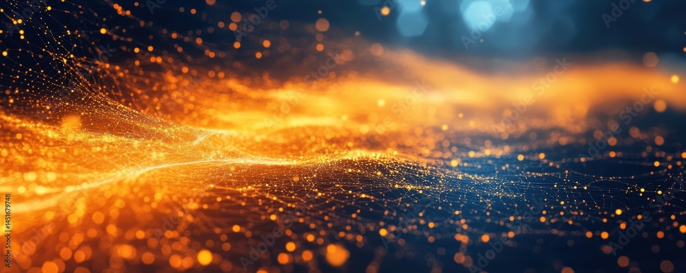 Poster abstract golden wave with blue backdrop particle motion glow art and design for modern futuristic te