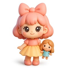 Obraz premium Cute Kawaii Pink Haired Girl with Bow Holding a Small Doll