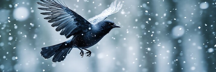 Fototapeta premium Raven in flight amidst snow