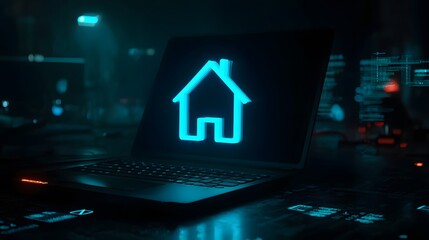 Smart Home Technology Laptop Screen Glowing House Icon
