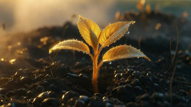 Close up small golden plant grow op from the ground , 4K video.