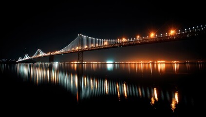 Fototapeta premium Witness Illumination of Span Bridge with Reflection in River at Nighttime Scenery and Landscape