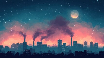 Cityscape silhouette with smoke, moon, and stars at night in vector style. Use for environmental concepts or a dark, atmospheric urban background.
