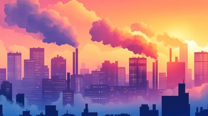 Stylized city skyline with smoke, against a vibrant orange and purple sky. Use for environmental themes, industry, urbanization, or pollution concepts.