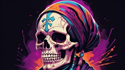 Skull with vivid paint. Spooky concept. Halloween or Santa Muerte concept. Retro future background.
