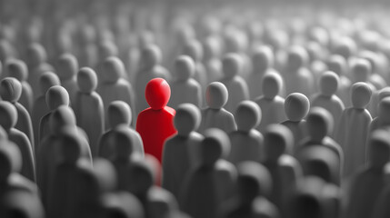 Red figure standing out among numerous gray figures representing uniqueness and individuality in a crowd of anonymity and conformity