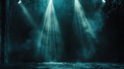 Dramatic Stage Illumination with Two Aqua Spotlights Casting Over a Textured Floor Creating a Moody Theatrical Ambiance