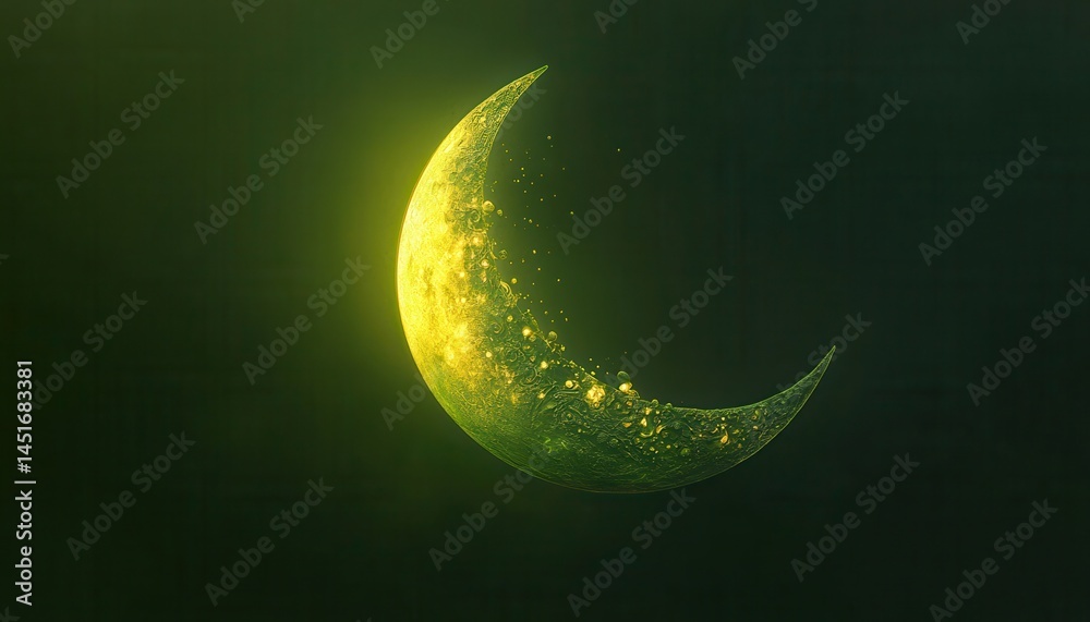 Poster glowing crescent moon in dark sky abstract golden lunar shape sparkling with yellow light celestial 