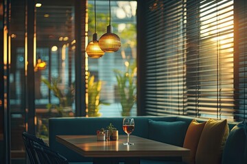 Cafe interior, sunlight through blinds, wine glass on table
