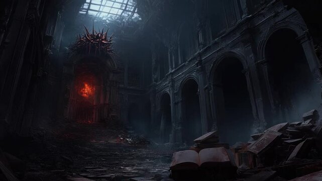 Dark Abandoned Hallway with Crumbling Architecture and Mysterious Glow in Eerie Undercroft