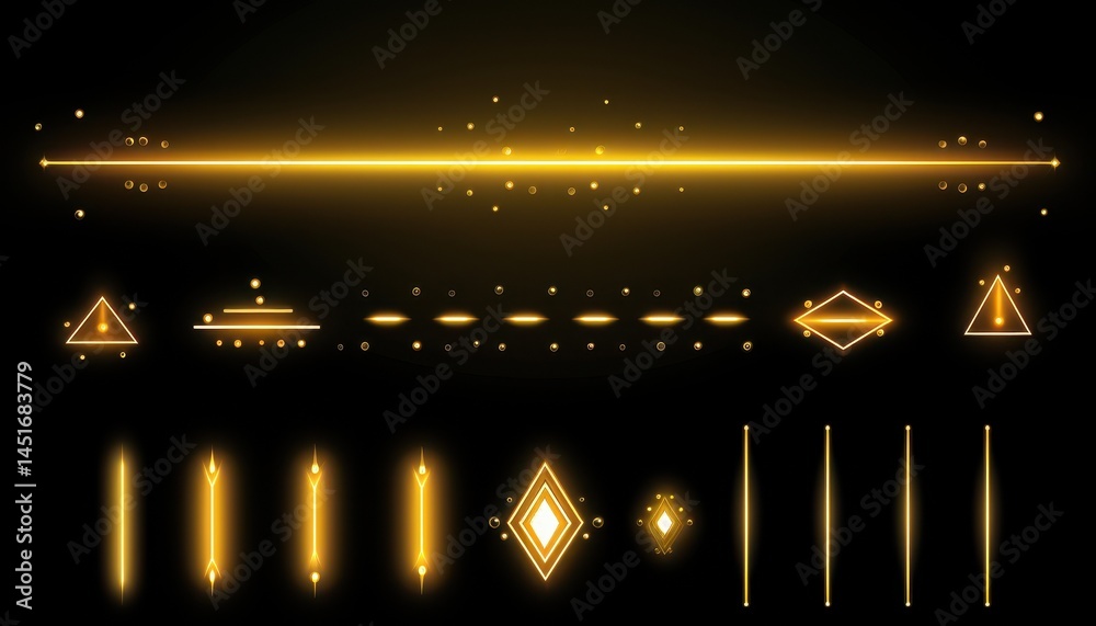 Poster Golden Light Effects Set Featuring Shining Elements Glittering Sparkles and Abstract Beams on a Black Background Ideal for Festive Decoration and Graphic Design