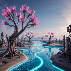 futuristic serene landscape with glowing water channels, pink flowers and mechanical structures for use in sci fi, nature themed, or technological projects
