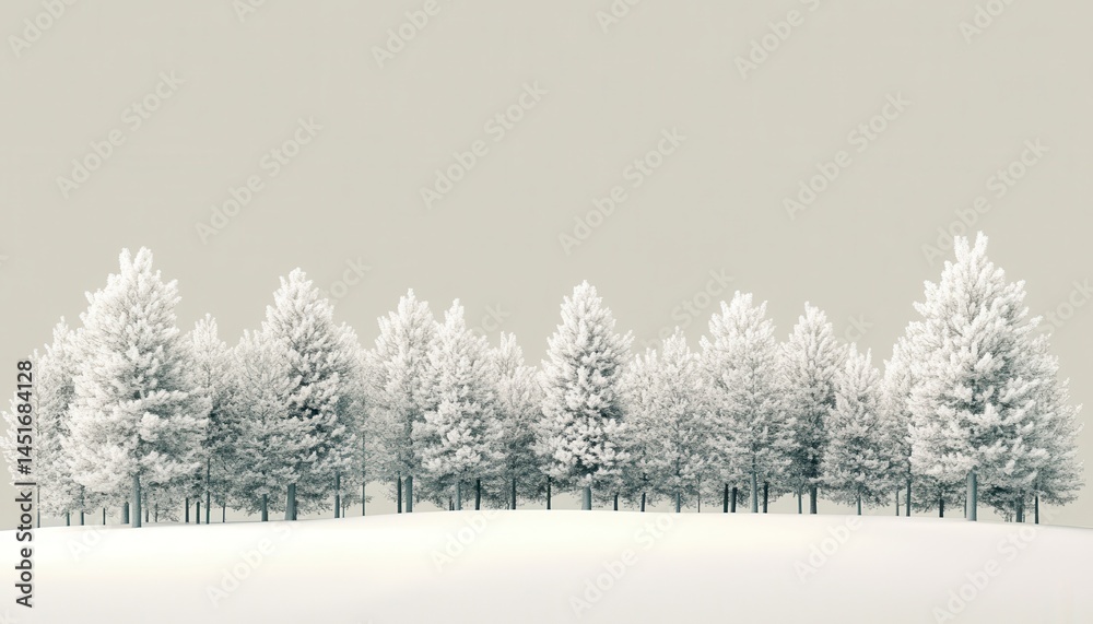 Poster icy winter landscape of snow covered pine trees in forest scene with soft neutral background in mini