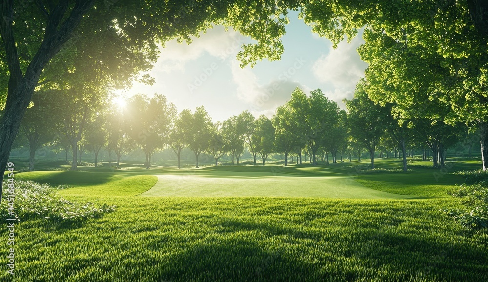 Aufkleber Lush Green Park with Sunlight Streaming Through Trees on a Sunny Day Tranquil Open Field Surrounded by Trees and Foliage in a Serene Natural Environment