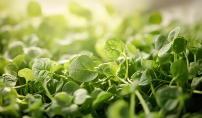 Lush Green Microgreens with Round Leaves in Bright Soft Light Indoor Close Up View of Fresh Organic Seedlings Growing in Soil for Healthy Eating and Raw Vegan Diet