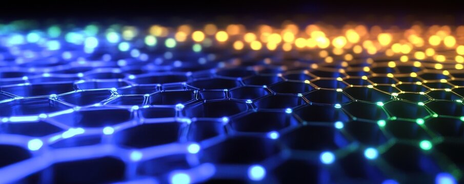 Molecular Structure Visualization of Hexagonal Grid with Blue Orange and Yellow Lighting Abstract Digital Web Connection Technology Background with Honeycomb Pattern