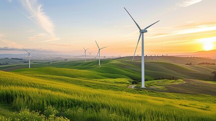 Obraz premium Scenic View of Wind Turbines on a Green Field at Sunset Generating Renewable Energy with Clear Sky and Sun Haze in the Background