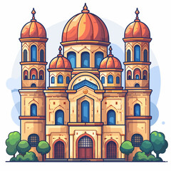 Obraz premium Illustration of a majestic Orthodox Cathedral with gold and blue domes in modern vector flat design style – a perfect icon for travel, architecture, and religious themes