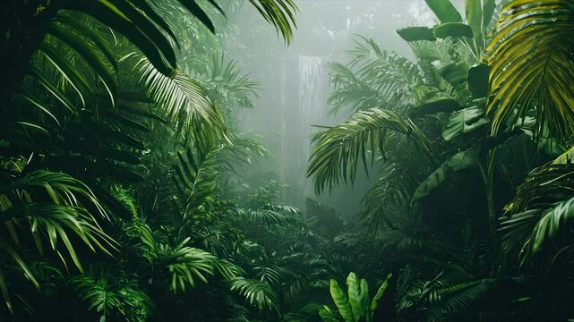 Lush, misty rainforest scene. Dense foliage, verdant plants, and a subtle waterfall create a tropical, immersive atmosphere