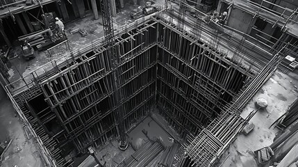 Monochromatic Construction Site Foundation with Intricate Steel Rebar Framing