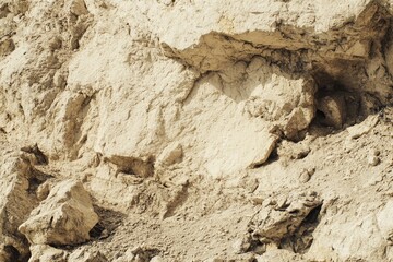 Close-up view of a light beige, rocky cliff face, exhibiting various textures and fragmented rock formations.  Patches of darker earth are interspersed throughout
