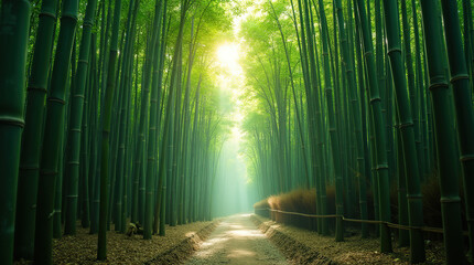 Sunlight filters through Kyoto’s bamboo forest, casting soft light and vivid green hues in a serene, sharply detailed natural scene.