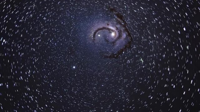 Spiraling galaxy with star trails in night sky captured in timelapse sequence
