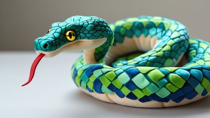 Obraz premium Vibrant Green Plush Snake Toy: A Detailed Close-Up