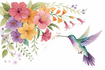 Showcasing the beauty of nature, a hummingbird with delicate details is depicted among a vibrant array of colorful blooms