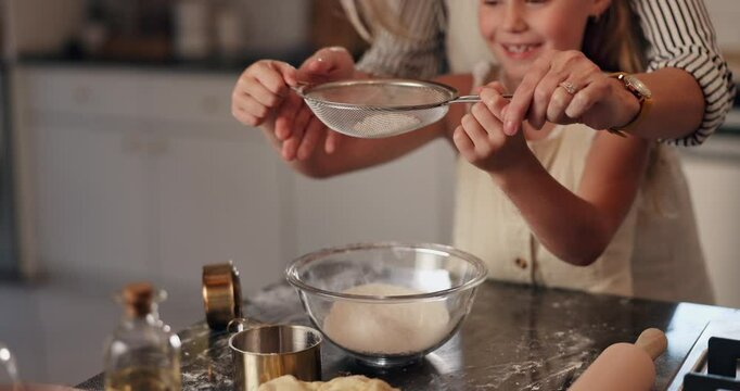 Home, utensils and mother with girl, baking and bonding together with ingredients, help and recipe. Parent, family and mama with daughter, growth and learning with support, kid and cooking in kitchen