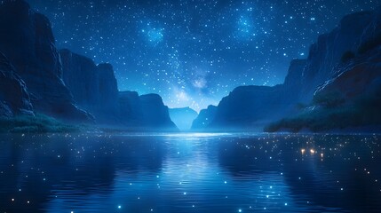 Fototapeta premium Serene river flowing through a moonlit valley under a starry night sky