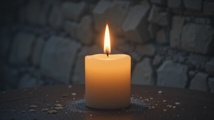 Close-up of a single, burning white candle on a dark surface.