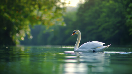 elegant swan gliding through calm waters, surrounded by lush greenery, evokes sense of tranquility and beauty