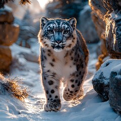 Fototapeta premium A snow leopard navigates the snowy cliffside terrain